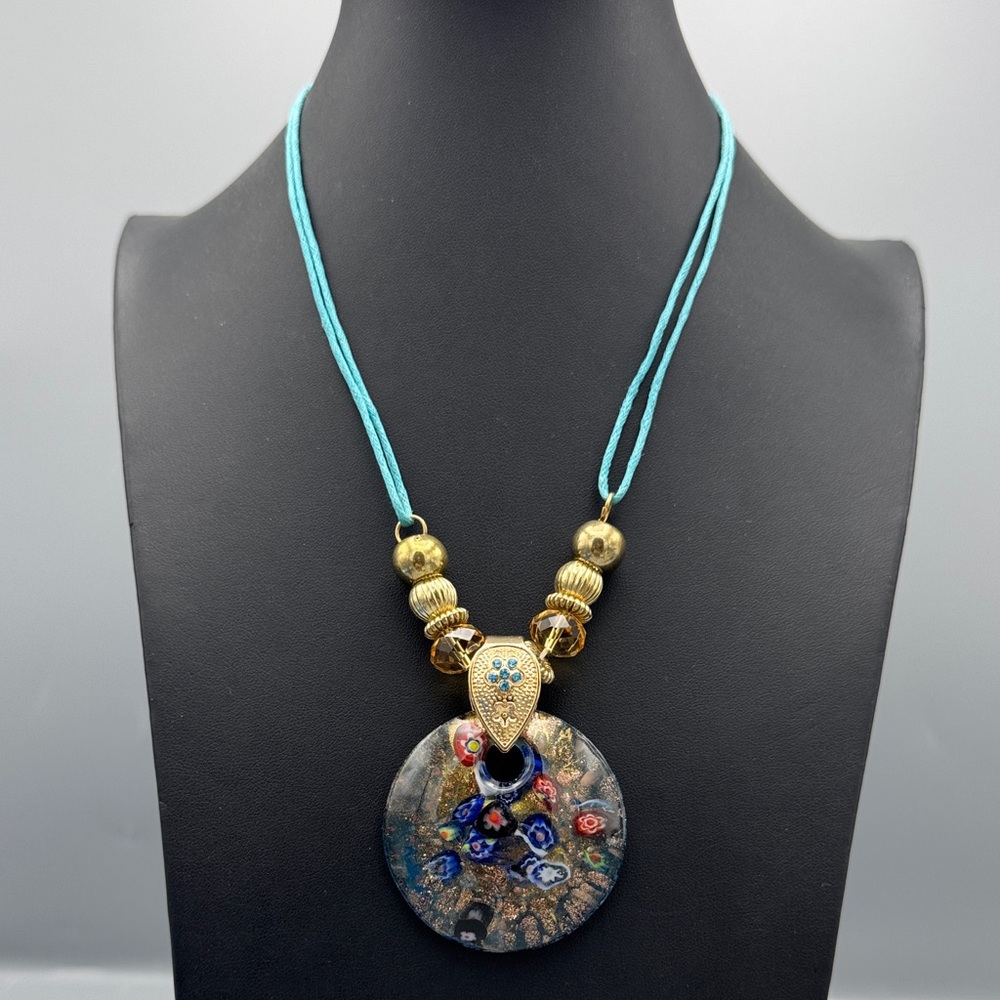 Gold and Blue Glass Pendant Necklace